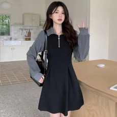 批发秋大码女装2025年新款拼色polo领胖妹妹设计感小众长短款<b class='q'>连衣裙</b>