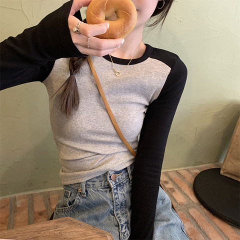 時尚超火撞色拼接內搭打底衫上衣女秋季修身顯瘦甜辣妹長袖T恤潮