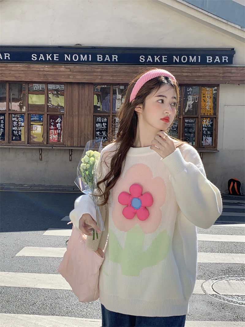 奶甜少女立體花朵圓領毛衣女秋季2023新款減齡加厚寬鬆針織衫上衣