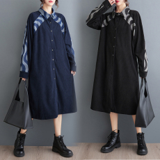 批发实拍秋季新款韩版Polo领牛仔拼接款长款宽松衬衫<b class='q'>连衣裙</b>