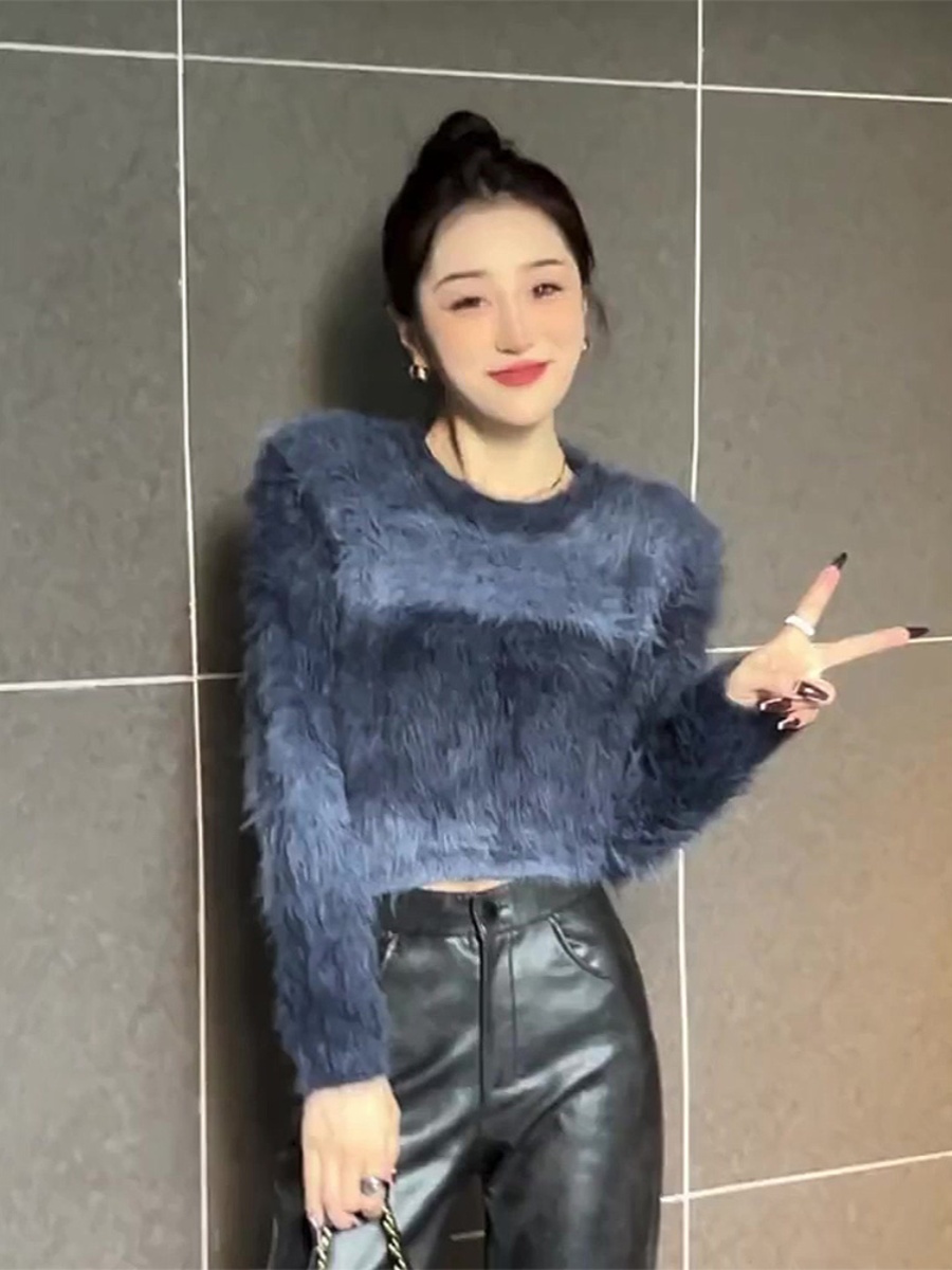 設計感暈染毛茸茸短款上衣女2023秋冬新款仿水貂毛漸變色套頭毛衣