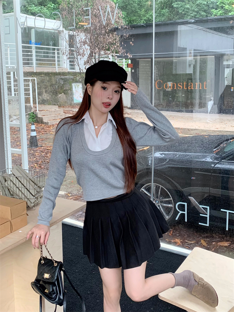 實拍 韓版設計感學院風襯衫拼接假兩件短款長袖上衣針織衫女