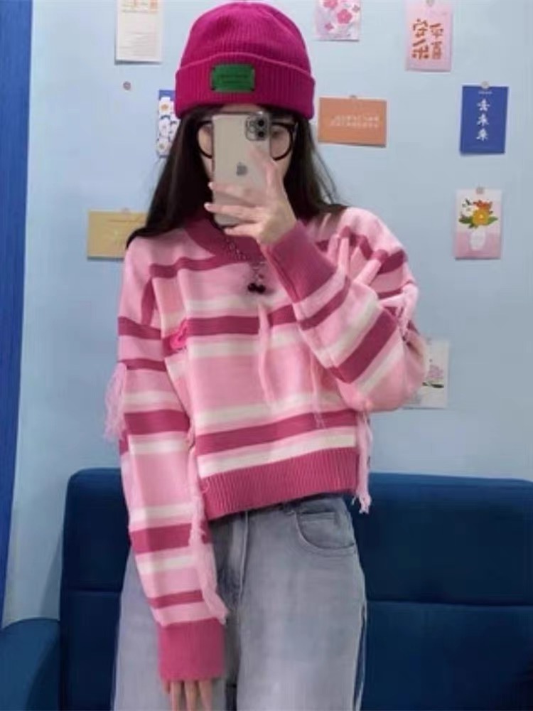 甜辣風露臍短款顯瘦毛衣女秋冬法式高級感氣質撞色條紋針織衫上衣