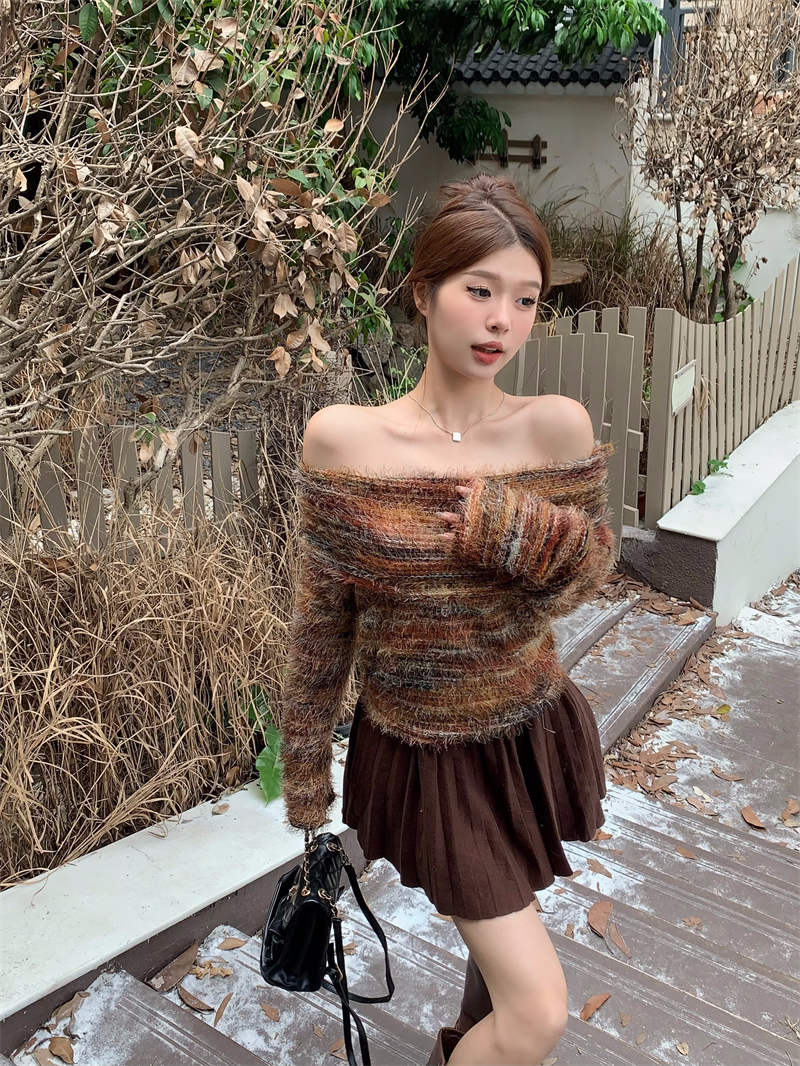 實拍  秋冬復古一字領純欲露肩長袖針織衫修身別致條紋上衣女