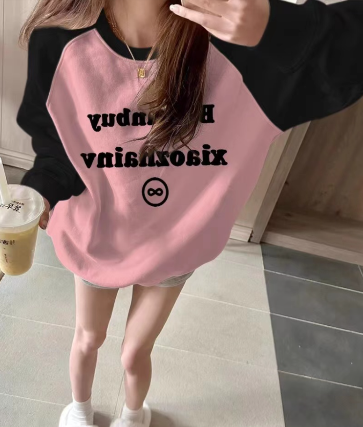  Korean style new velvet thickened raglan sweatshirt for women, lazy style, small round neck loose top, student trend