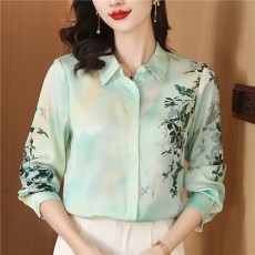 批发重磅真丝<b class='q'>衬衫</b>女长袖2025年春秋新款设计感小众印花高端桑蚕丝上衣