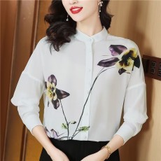 批发法式设计感真丝长袖<b class='q'>衬衫</b>女秋季新款立领时尚气质通勤桑蚕丝上衣女