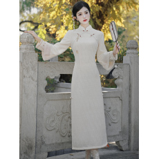 批发6655#实拍 秋冬季加绒加厚改良旗袍温柔米连衣裙 上架+40