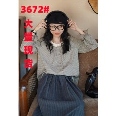 批发海街日记 小格纹花边领全棉衬衫女复古宽松长袖设计上衣