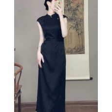 批发新中式改良<b class='q'>旗袍</b>复古连衣裙黑色开叉修身显瘦显白老<b class='q'>上海</b>民国风长裙