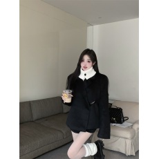 批发实拍实价矜贵千金 黑色加厚毛呢假两件西<b class='q'>装</b>套<b class='q'>装</b>女高腰短<b class='q'>裤</b>