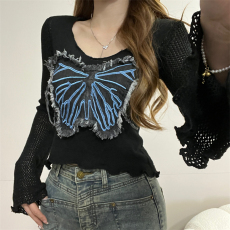 批发甜辣妹蝴蝶结毛衣短款针织衫女早秋季<b class='q'>喇叭袖</b>设计感小个子高腰<b class='q'>上衣</b>