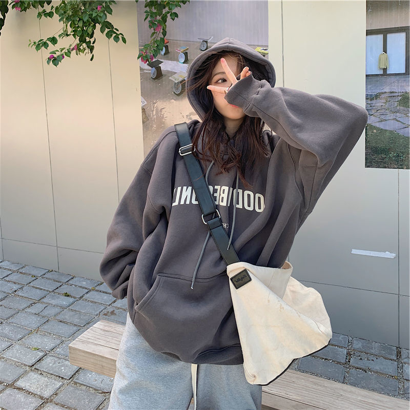 Official picture American retro dark gray sweatshirt for women autumn and winter oversize lazy style hooded plus velvet thickened jacket