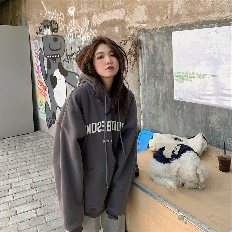 Official picture American retro dark gray sweatshirt for women autumn and winter oversize lazy style hooded plus velvet thickened jacket