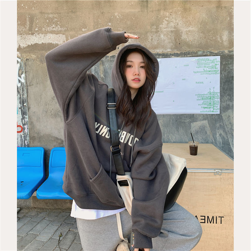 Official picture American retro dark gray sweatshirt for women autumn and winter oversize lazy style hooded plus velvet thickened jacket