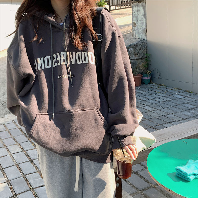 Official picture American retro dark gray sweatshirt for women autumn and winter oversize lazy style hooded plus velvet thickened jacket