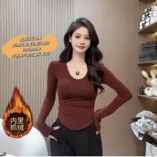 批发大码加绒款韩版秋<b class='q'>冬</b>时尚休闲百搭U领修身显瘦褶皱质感长袖