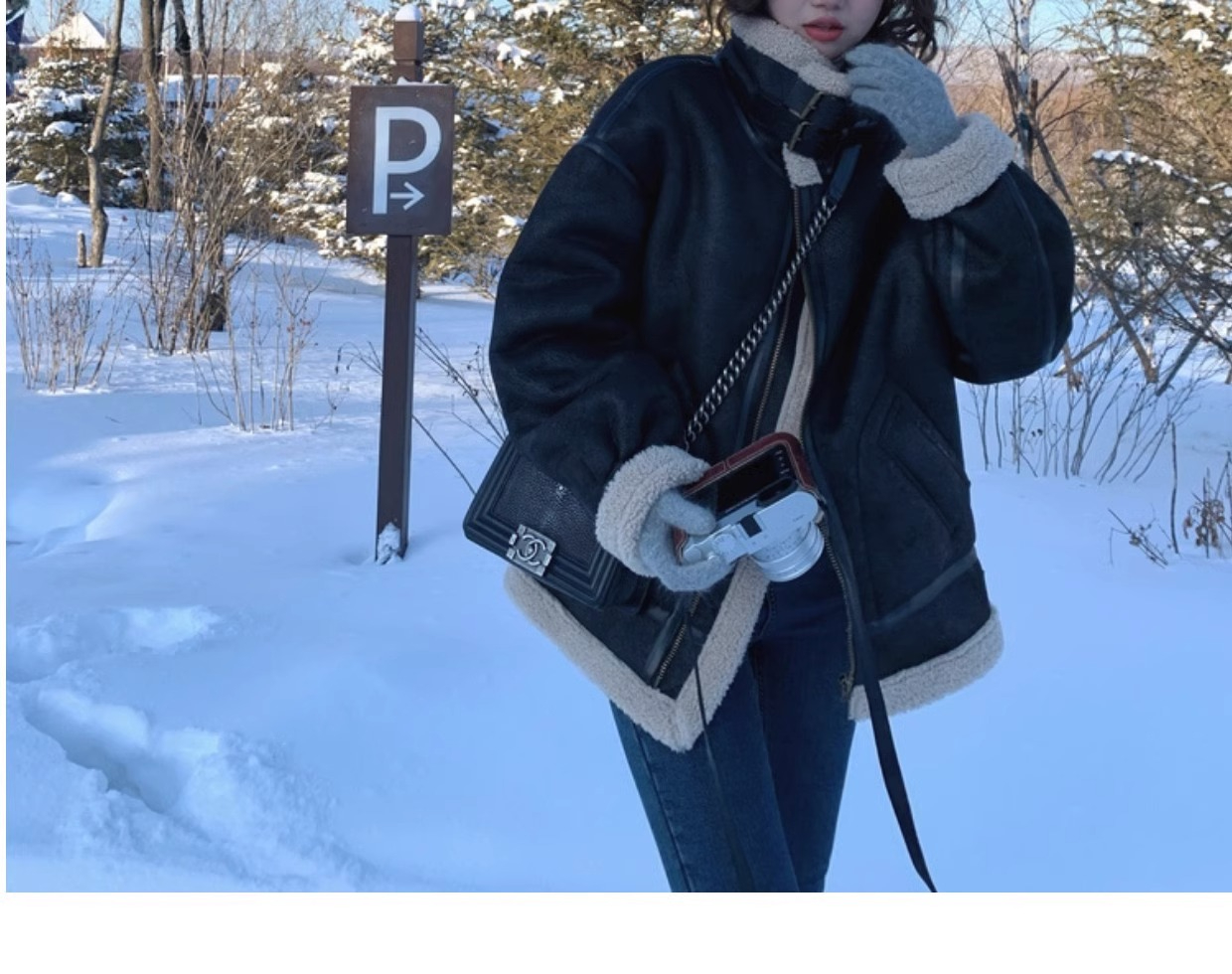 皮毛一体羊羔毛外套女新款冬季麂皮绒机车服夹克羊羔绒棉服