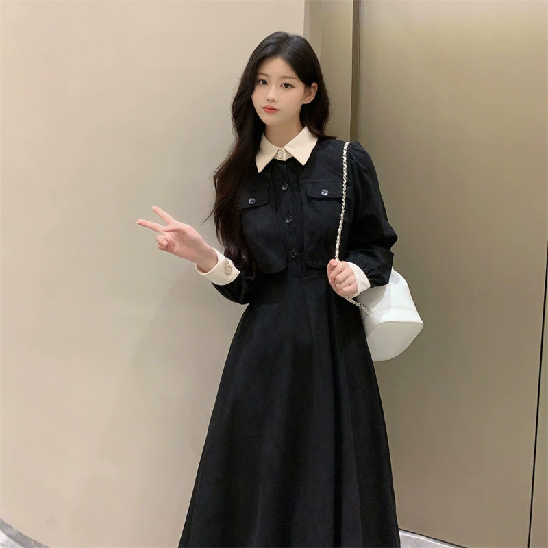 Corduroy autumn and winter new style small black fake two-piece dress French style small fragrant Hepburn waist long skirt