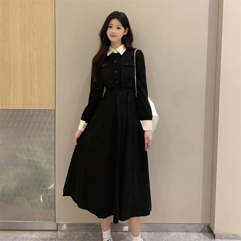 Corduroy autumn and winter new style small black fake two-piece dress French style small fragrant Hepburn waist long skirt