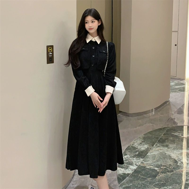 Corduroy autumn and winter new style small black fake two-piece dress French style small fragrant Hepburn waist long skirt