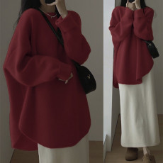 批发秋冬装韩系大码胖MM浣熊绒套头毛衣外穿中长款日系慵懒开叉针织衫