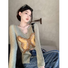 批发辣妹开叉修身长袖针织衫女装秋季新款蝴蝶设计感显瘦打底毛衣上衣