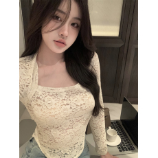 批发实拍实价 <b class='q'>韩国</b>chic秋季法式纯欲风方领蕾丝花朵修身显瘦百搭上衣