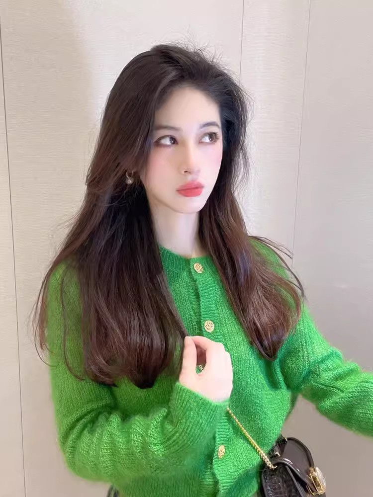 小清新綠色洋氣針織開衫2023秋冬季新款韓系溫柔風小個子毛衣外套