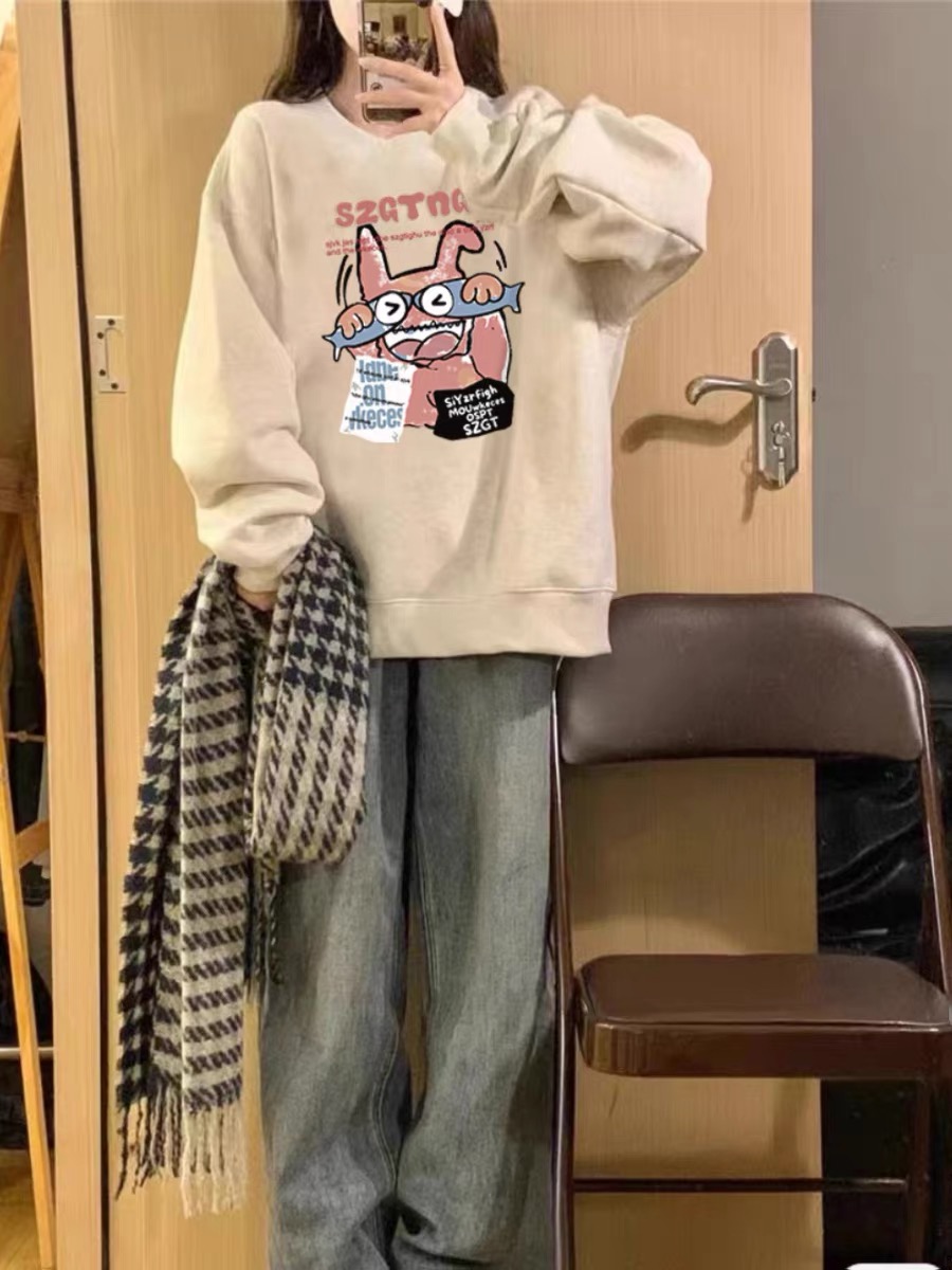 美式復古白灰色卡通國潮牌設計感無帽衛衣女秋冬季小個子大碼上衣