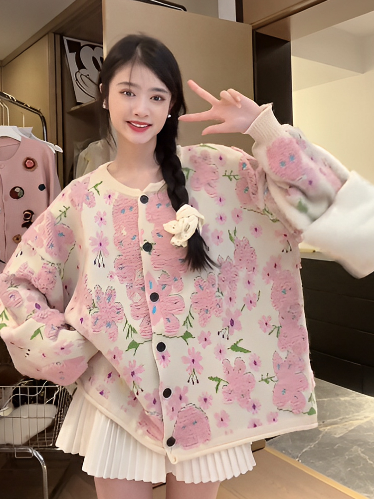 秋冬2023新款女裝復古花朵毛衣設計感軟糯針織衫減齡長袖上衣