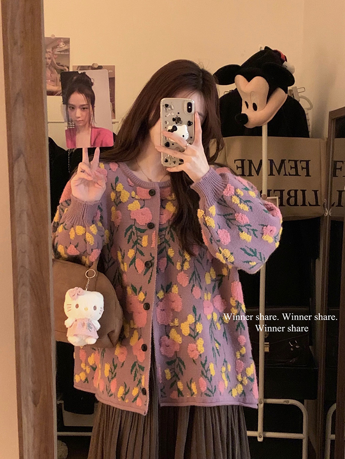 復古學院風毛衣女秋冬長袖立體花朵刺繡設計感開衫寬鬆短上衣
