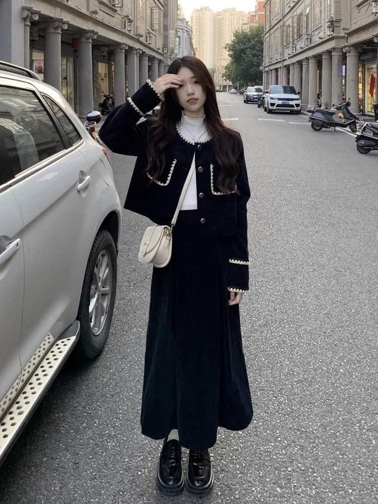 Autumn women's high-end small fragrance jacket splicing top high-waisted slim skirt Korean style suit skirt