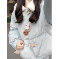 批发羊羔毛领牛角扣蓝色棉服男女冬季新款小众高级感小个子拼接短棉袄