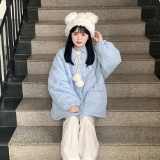 批发奶蓝色初恋系棉服棉衣外套设计感菱形格子加厚面包服秋冬棉袄短款