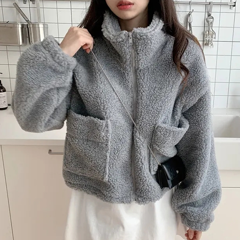 한국 chic 가을 겨울 새로운 레트로 반하이넥 당겨서 사슬 빅 포켓 다용도 두꺼운 보온 양털 재킷