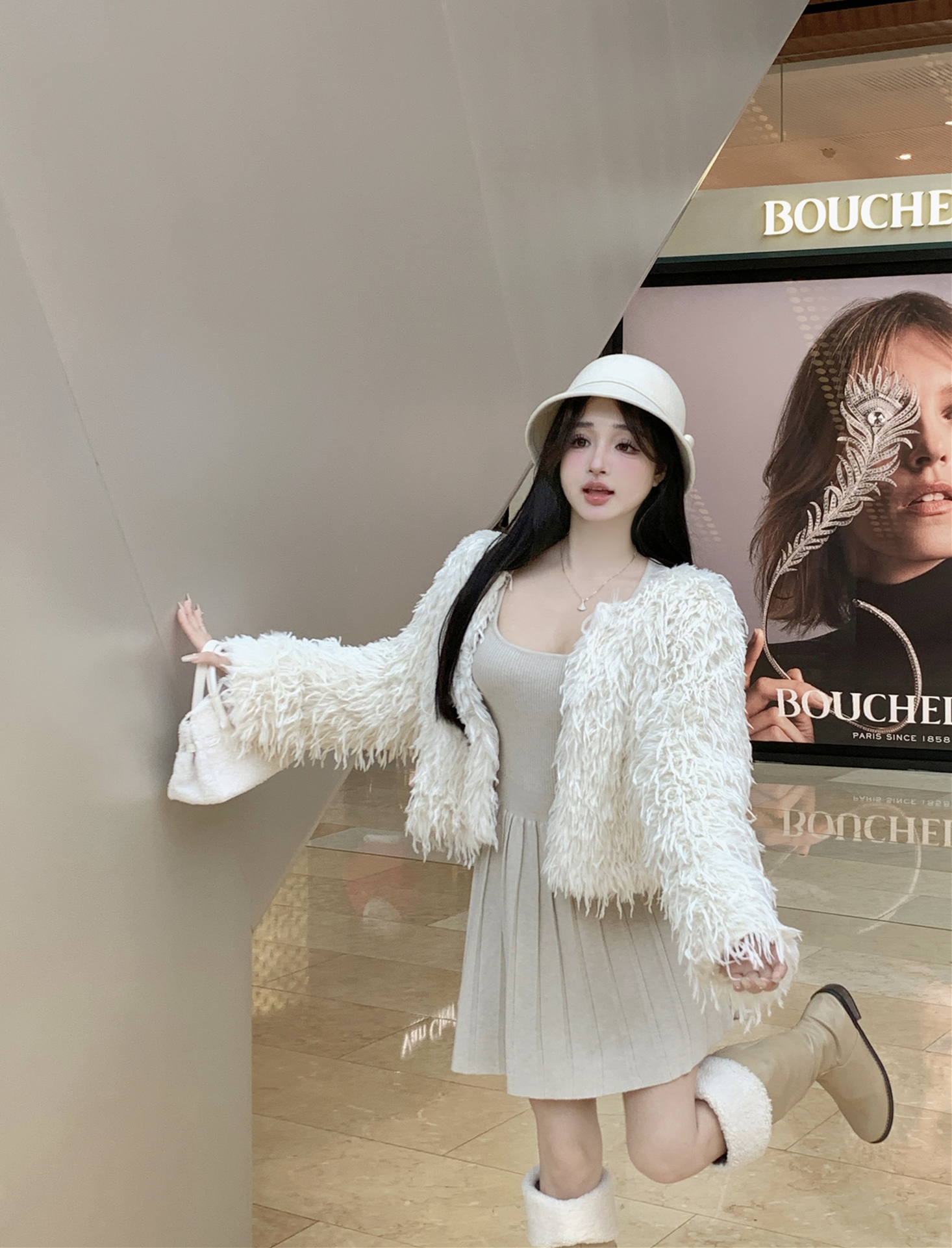 Actual shot ~ new autumn and winter loose tassel imitation fur jacket + French minimalist style square collar knitted dress