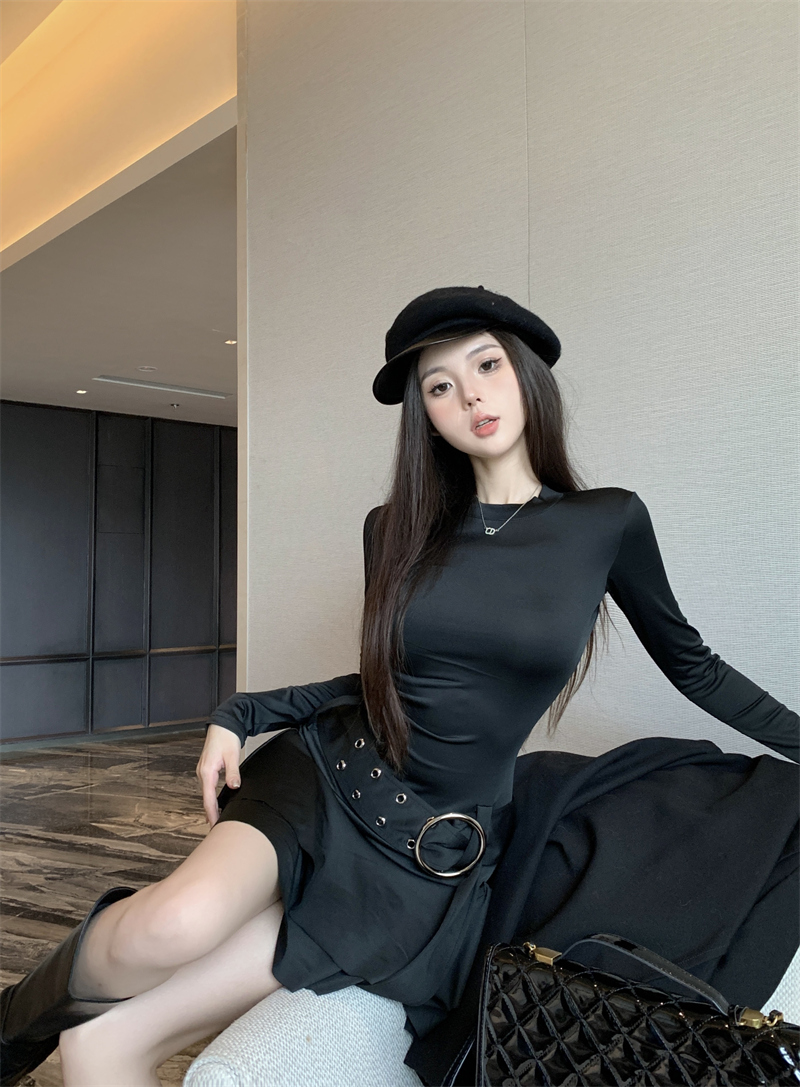 PF23983#复古性感辣妹紧身A字连衣裙纯欲腰带设计感气质短裙女裝貨源服裝批發