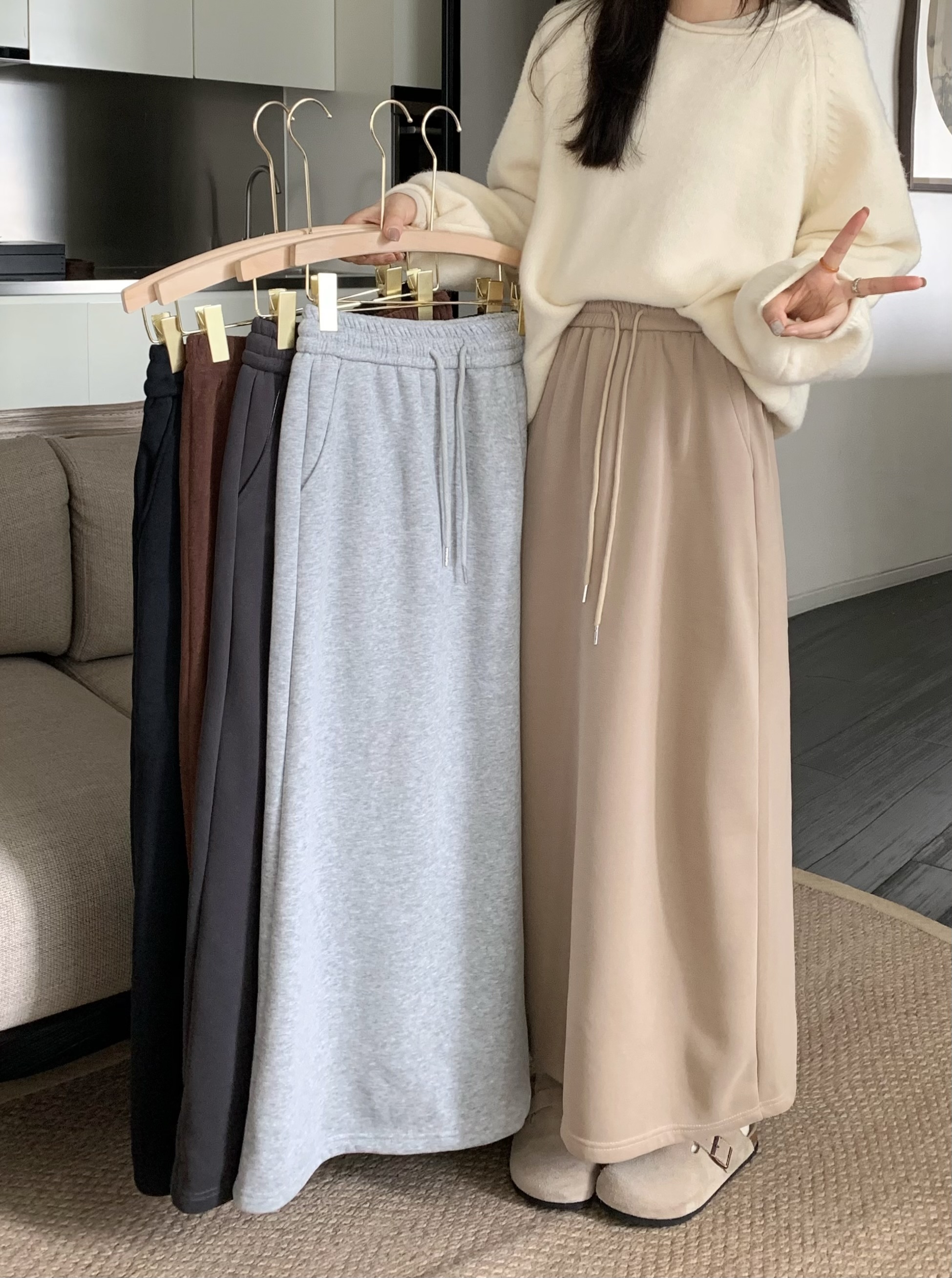 Actual shot~Fleet thickened Korean style drawstring elastic waist straight casual sweatshirt autumn and winter versatile mid-length skirt