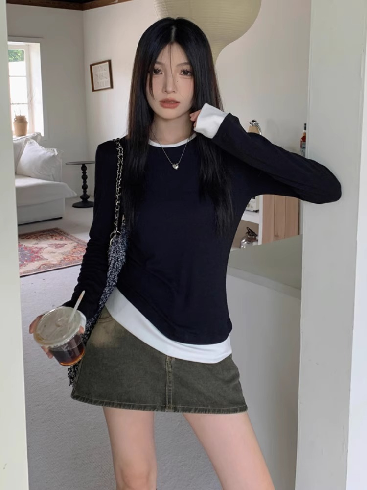 Official picture of DeRong fake two-piece long-sleeved T-shirt, contrasting color bottoming shirt for women, autumn slimming and versatile splicing top