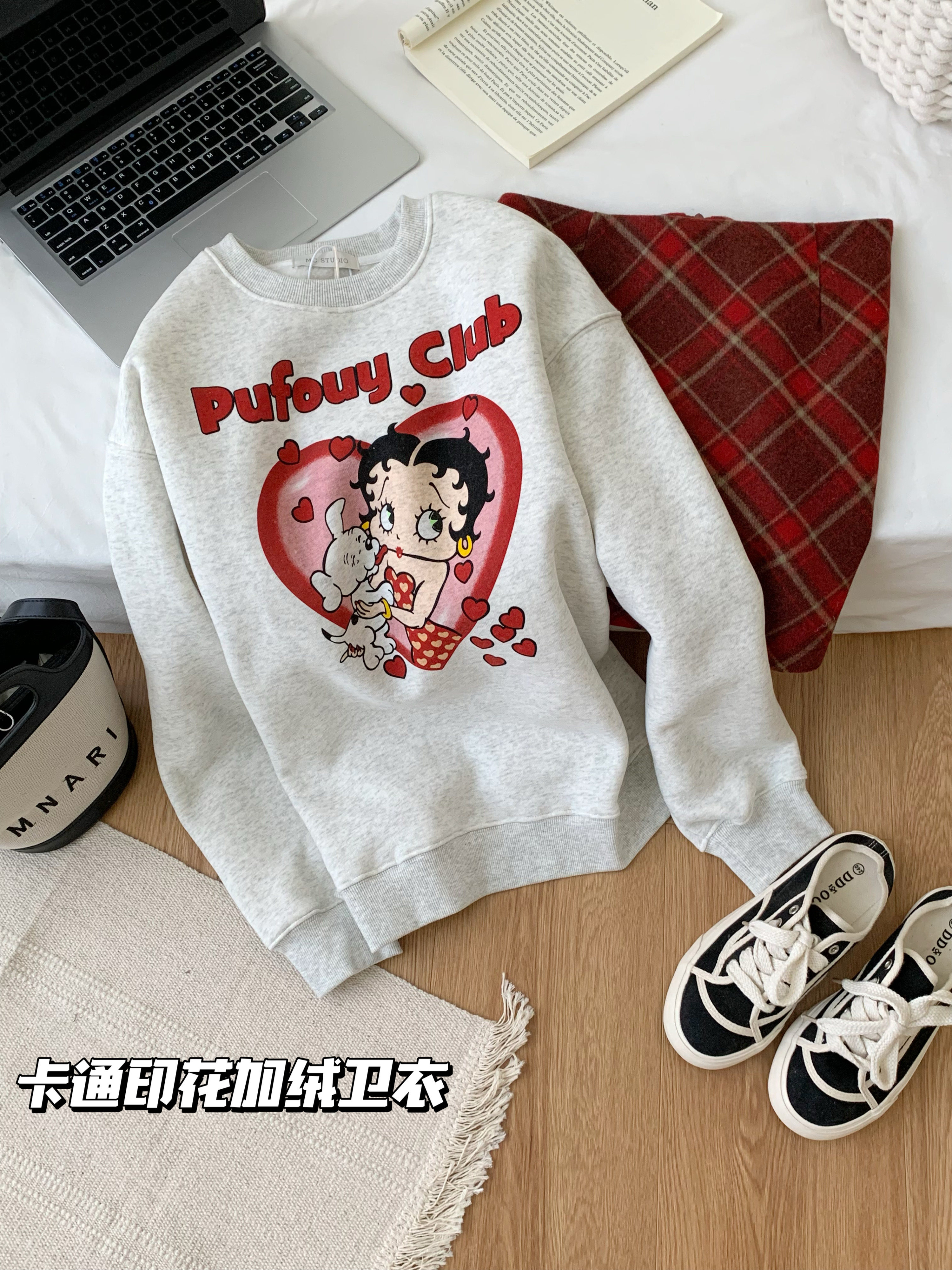 實拍復古美式果凍愛心女郎圓領寬鬆衛衣加厚款