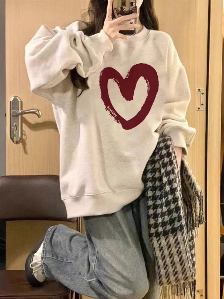 American retro gray love sweatshirt women's thin spring and autumn pullover Harajuku lazy style hoodless cotton long-sleeved top