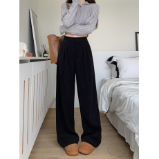 批发实拍黑色雪尼尔阔腿裤女2025早秋新款灯芯绒窄版休闲<b class='q'>西装</b>裤子