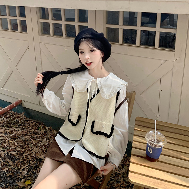 白色娃娃領襯衫女裝秋季設計感小眾獨特别致法式馬甲內搭長袖上衣