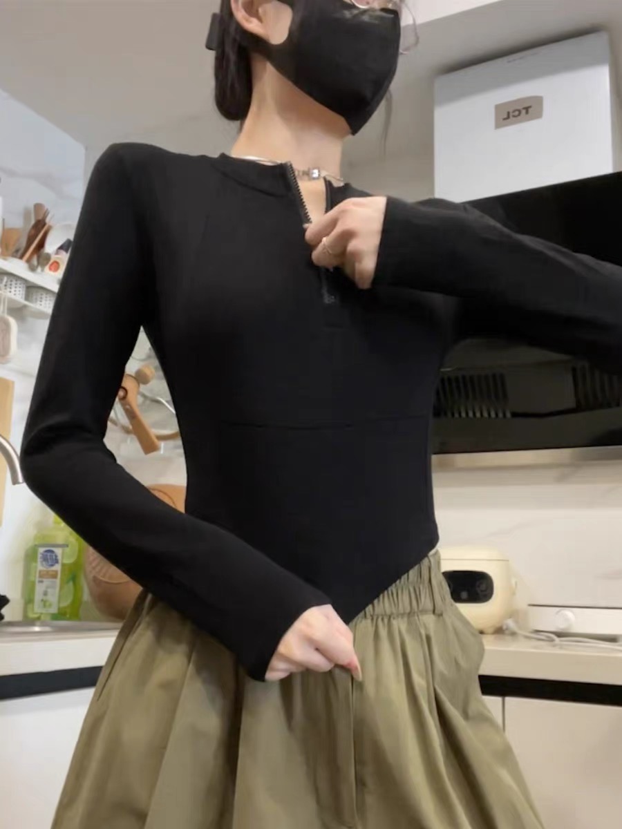 半拉鏈短款長袖T恤女春秋2023新款辣妹設計感小眾緊身立領上衣ins