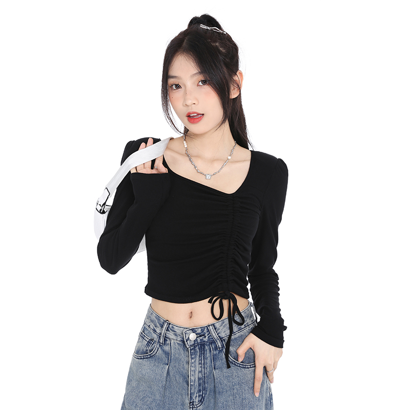 5色 秋季新款方領上衣抽褶修身顯瘦辣妹長袖打底衫女短款露臍T恤