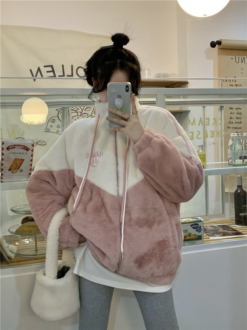 實拍~冬季仿貂絨加厚毛毛外套女撞色抽繩立領刺繡棉衣棉服