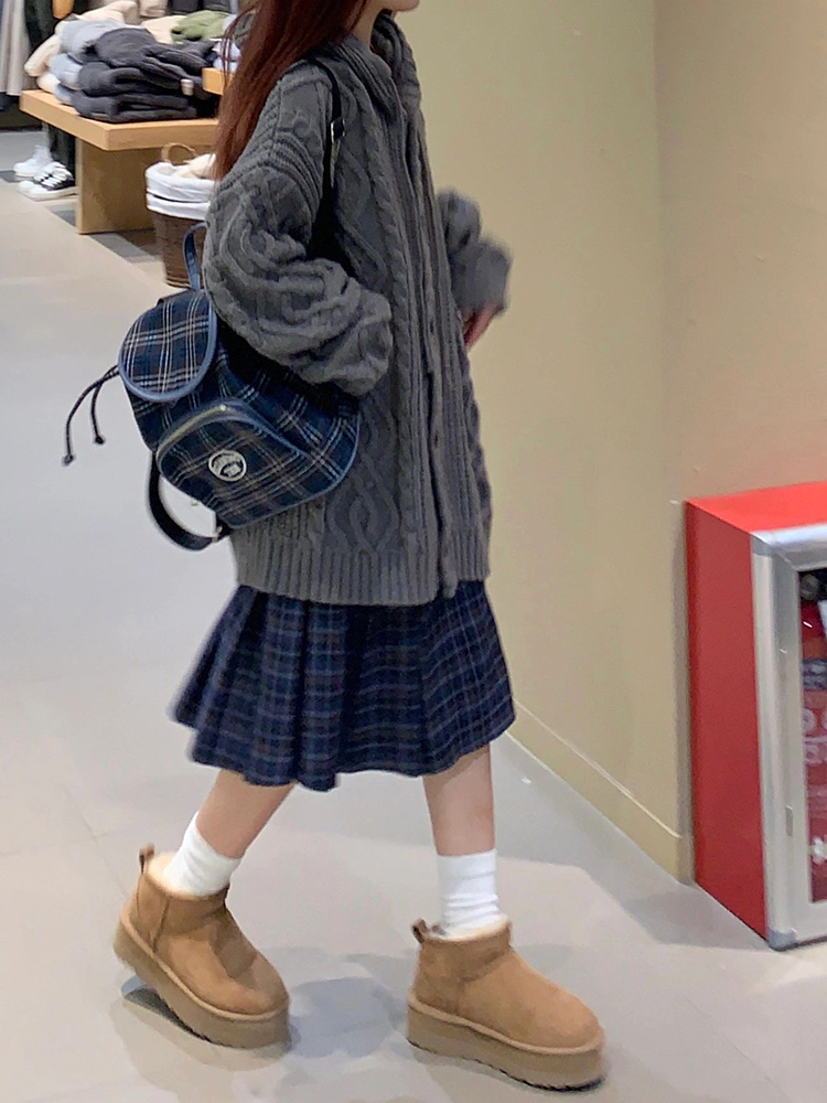 慵懶風麻花開衫毛衣女秋冬季復古灰色寬鬆加厚連帽針織衫外套上衣