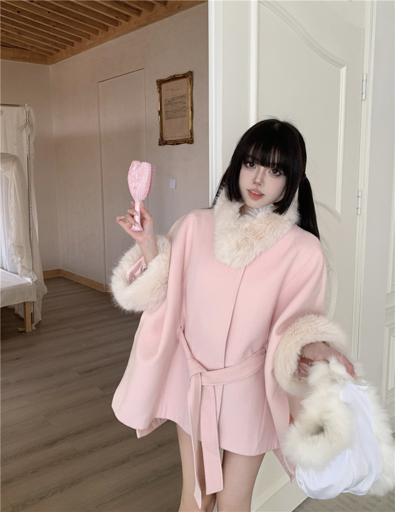 실사 작은 폭스 가을 겨울 루즈핏 레이스업 울 코트 쇼트 스타일 모피 칼라 핑크색 망토