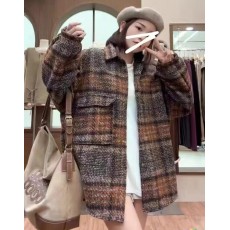 批发韩版秋冬新款毛呢编织格子衬衫廓形原宿风大口袋外套女